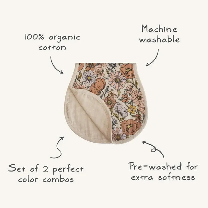 Mushie - Organic Cotton Muslin Burp Cloth 2-Pack - Retro Flowers & Fog