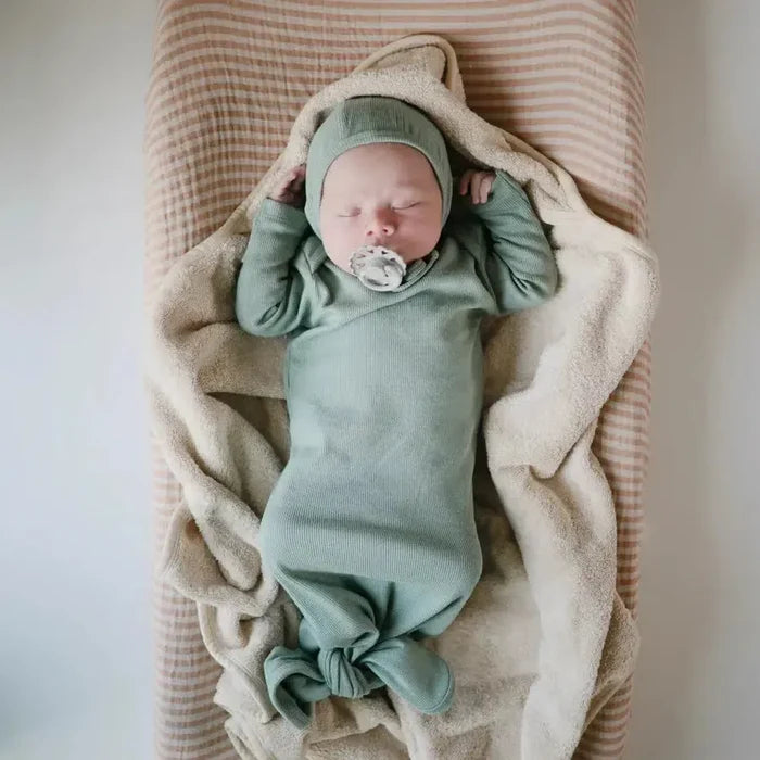 Mushie - Organic Ribbed Cotton Knotted Gown & Hat Sets-Infant Gowns-Roman Green-0-3M-Posh Baby