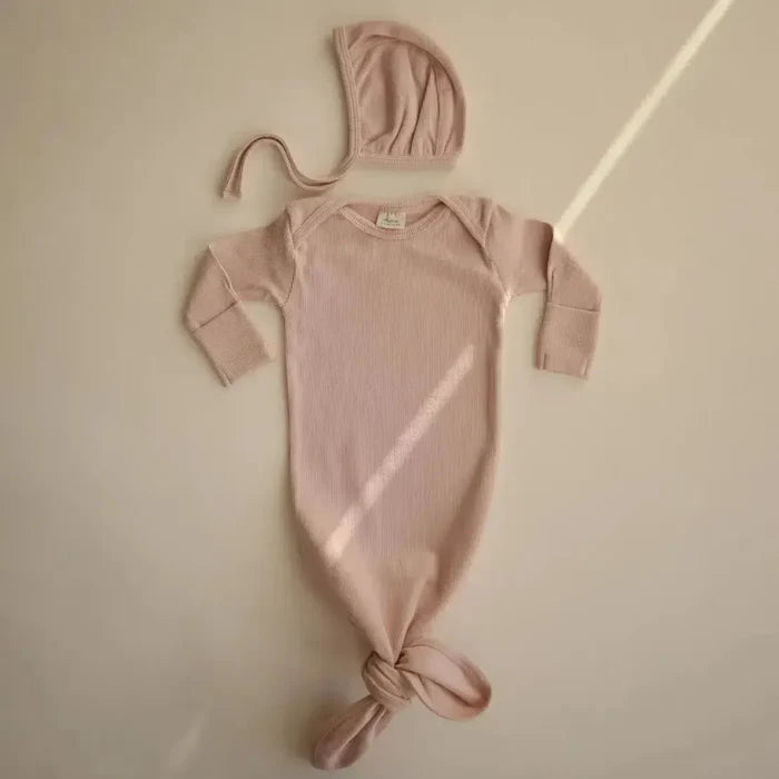 Mushie - Organic Ribbed Cotton Knotted Gown & Hat Sets-Infant Gowns-Roman Green-0-3M-Posh Baby
