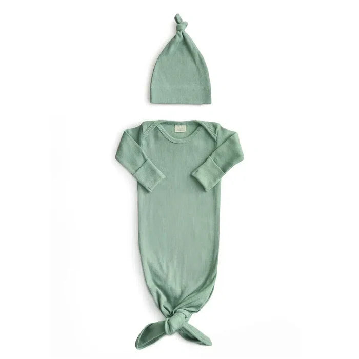 Mushie - Organic Ribbed Cotton Knotted Gown & Hat Sets-Infant Gowns-Roman Green-0-3M-Posh Baby
