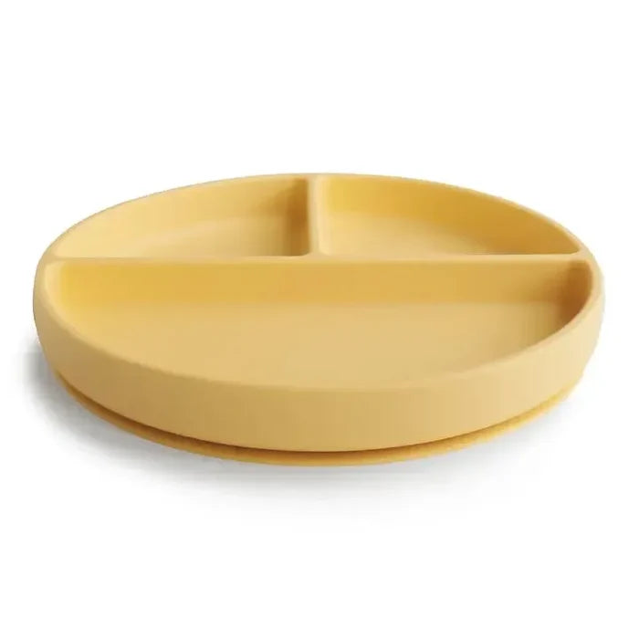 A yellow silicone divided baby plate with a suction base, shown on a clean white background.
