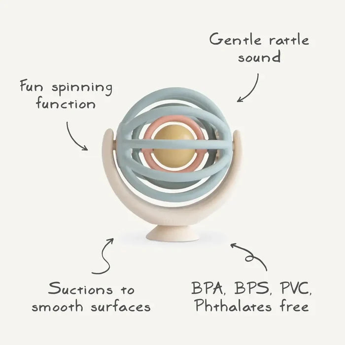 Colorful baby toy with features labeled on a white background