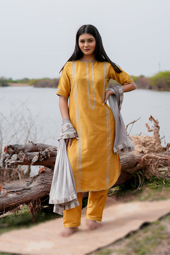 <img> Mustard And Grey Cotton Kurta Set With Hand Embroidery
