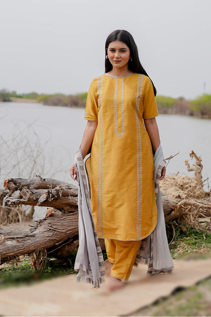 <img> Mustard And Grey Cotton Kurta Set With Hand Embroidery