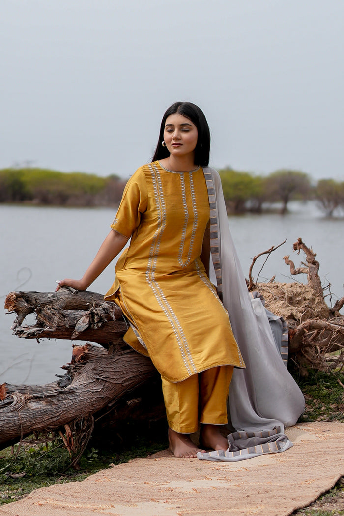 <img> Mustard And Grey Cotton Kurta Set With Hand Embroidery
