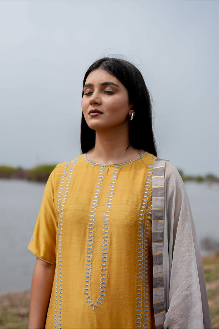 <img> Mustard And Grey Cotton Kurta Set With Hand Embroidery