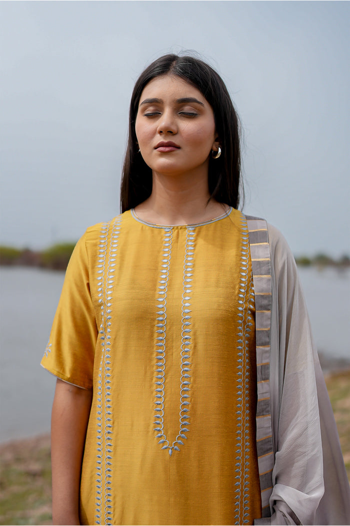 <img> Mustard And Grey Cotton Kurta Set With Hand Embroidery