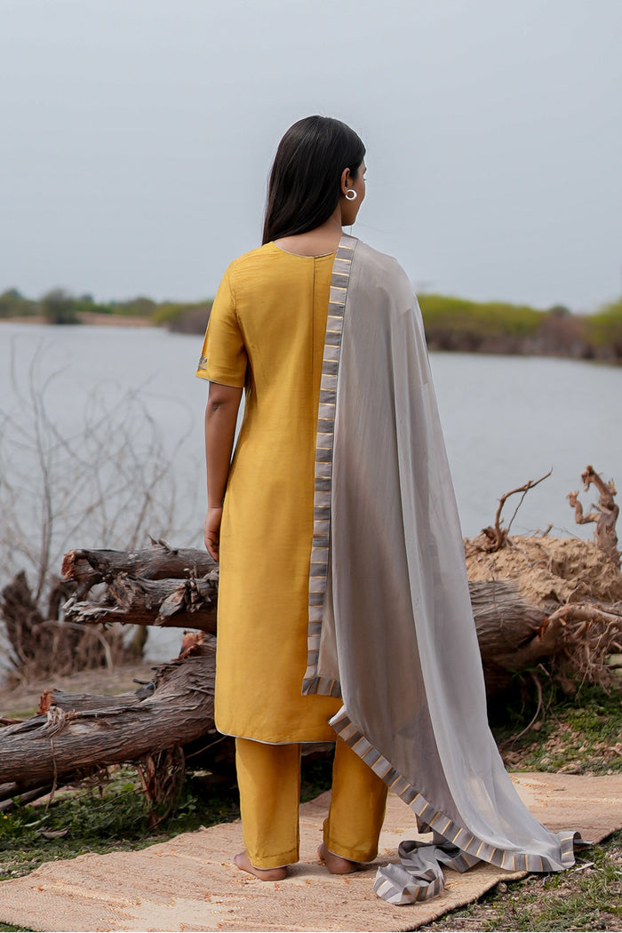<img> Mustard And Grey Cotton Kurta Set With Hand Embroidery