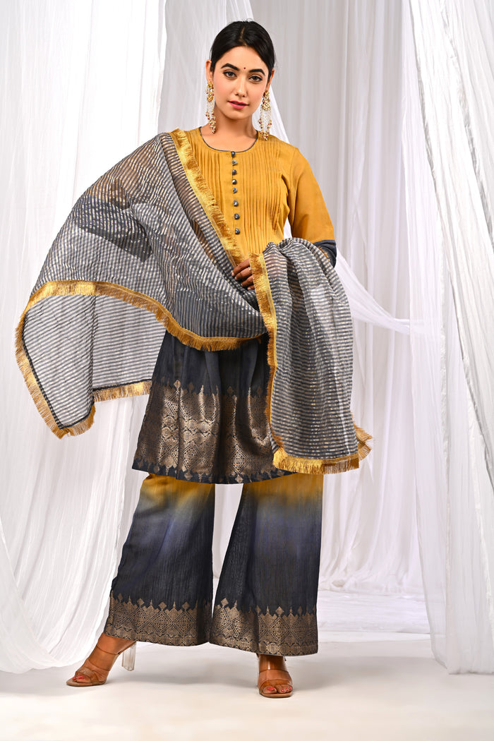 <img> Mustard And Midnight Blue Chanderi Kurta Set With Antique Zari Detailing