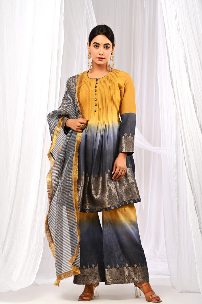 <img> Mustard And Midnight Blue Chanderi Kurta Set With Antique Zari Detailing