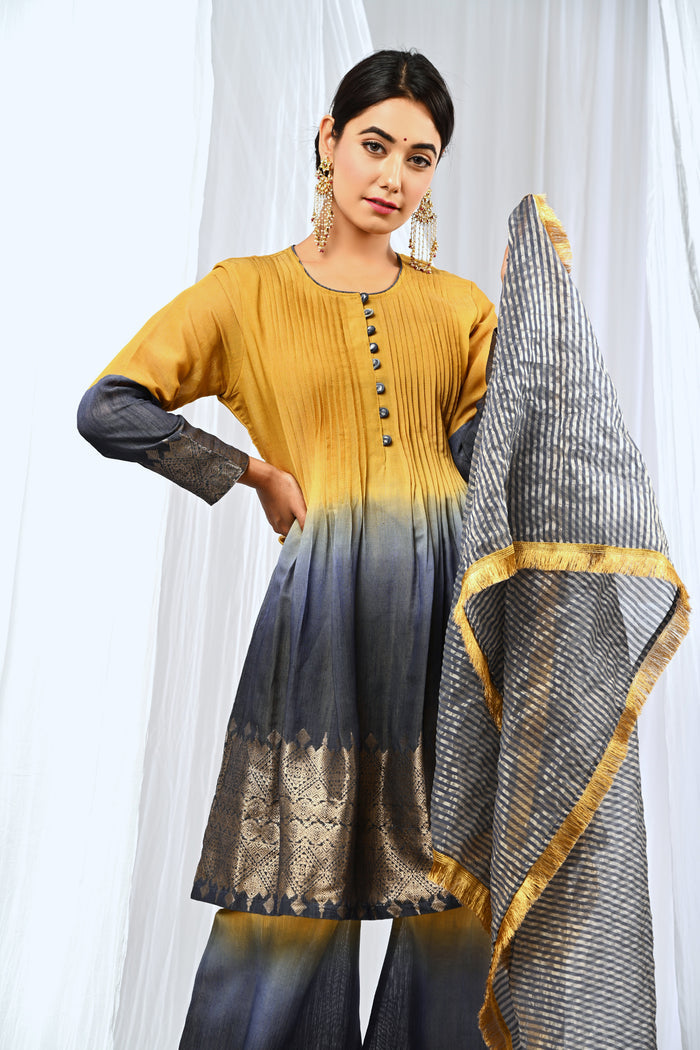 <img> Mustard And Midnight Blue Chanderi Kurta Set With Antique Zari Detailing