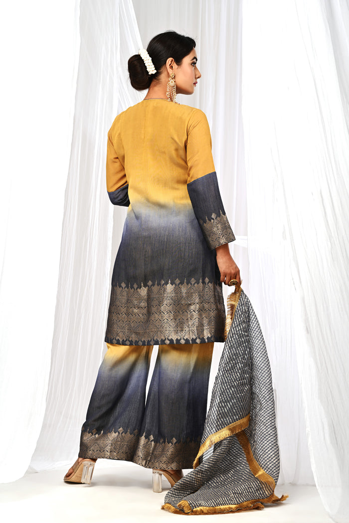 <img> Mustard And Midnight Blue Chanderi Kurta Set With Antique Zari Detailing