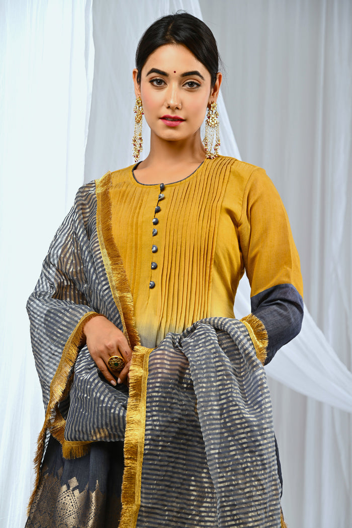<img> Mustard And Midnight Blue Chanderi Kurta Set With Antique Zari Detailing