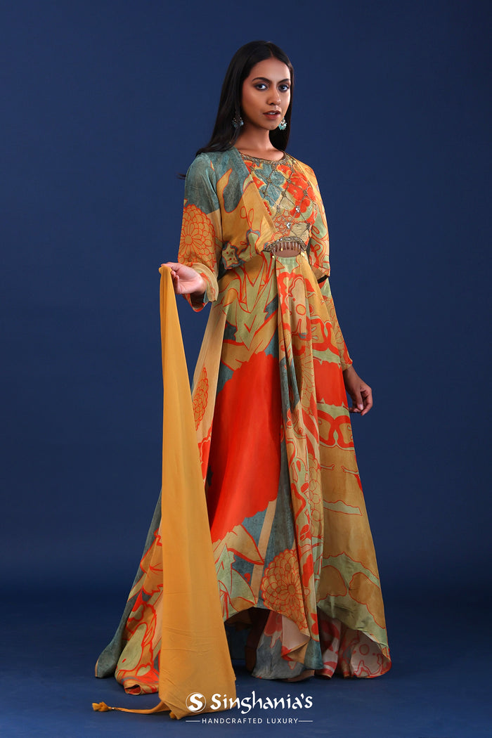 <img> Mustard And Multicolour Crepe Silk Printed Anarkali Set