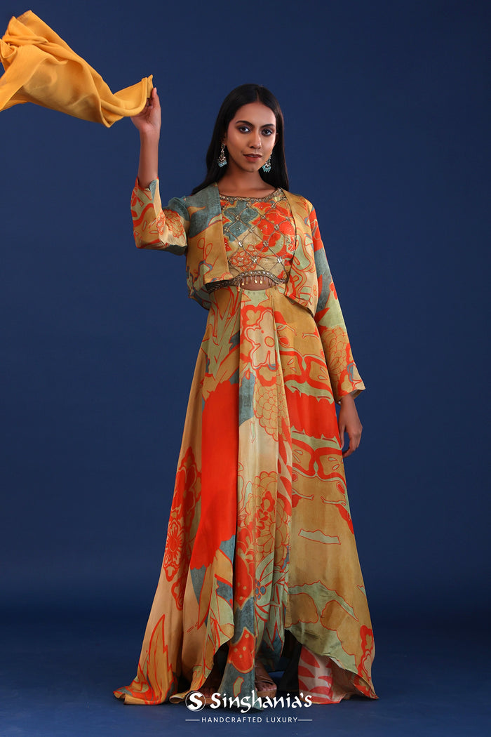 <img> Mustard And Multicolour Crepe Silk Printed Anarkali Set