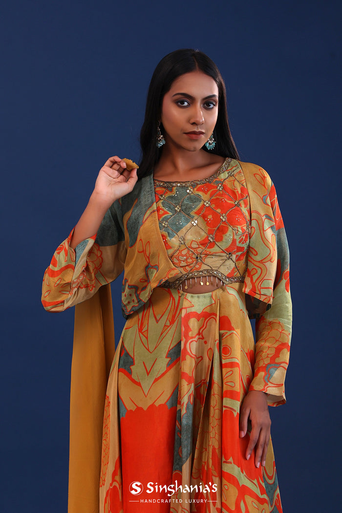 <img> Mustard And Multicolour Crepe Silk Printed Anarkali Set