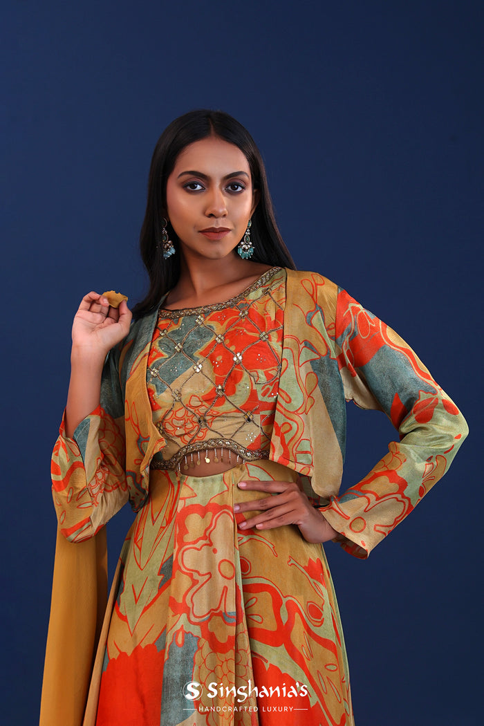 <img> Mustard And Multicolour Crepe Silk Printed Anarkali Set
