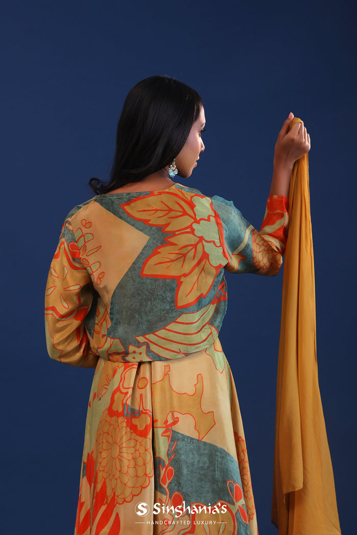 <img> Mustard And Multicolour Crepe Silk Printed Anarkali Set