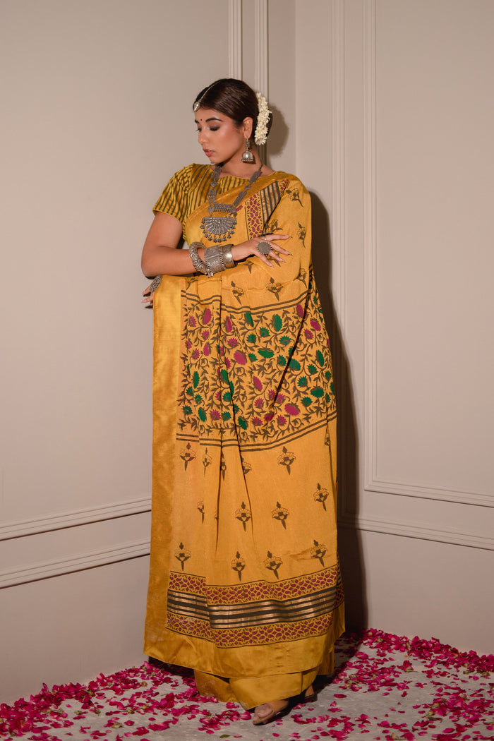 Mustard Block Printed Chinon Saree