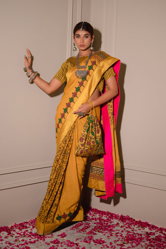 Mustard Block Printed Chinon Saree