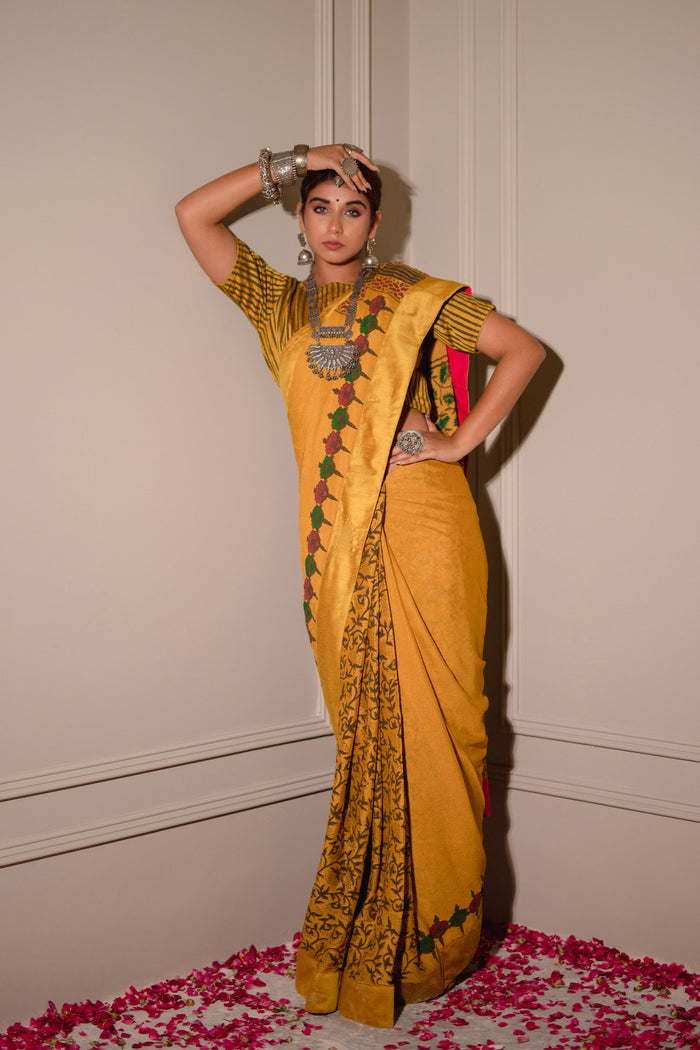 Mustard Block Printed Chinon Saree