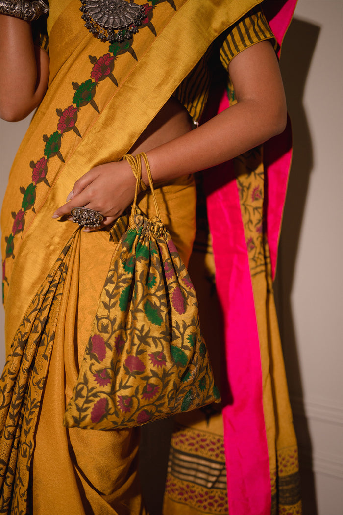 Mustard Block Printed Chinon Saree