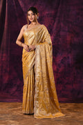 Mustard Gold Saree With Criss-Cross Floral Lattice Embroidery And Wide Scalloped Border