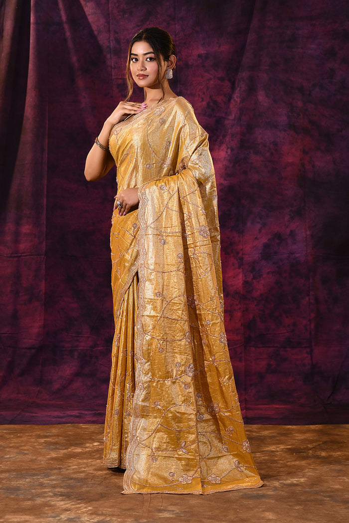 Mustard Gold Saree With Criss-Cross Floral Lattice Embroidery And Wide Scalloped Border