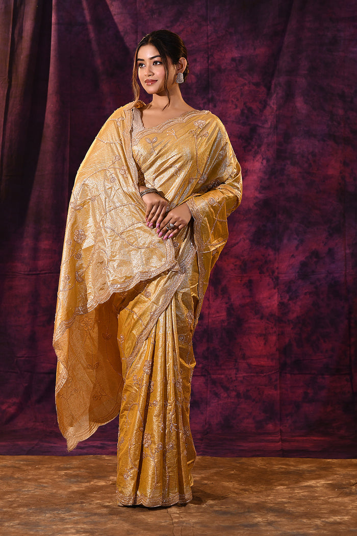 Mustard Gold Saree With Criss-Cross Floral Lattice Embroidery And Wide Scalloped Border