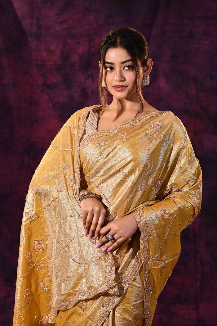 Mustard Gold Saree With Criss-Cross Floral Lattice Embroidery And Wide Scalloped Border