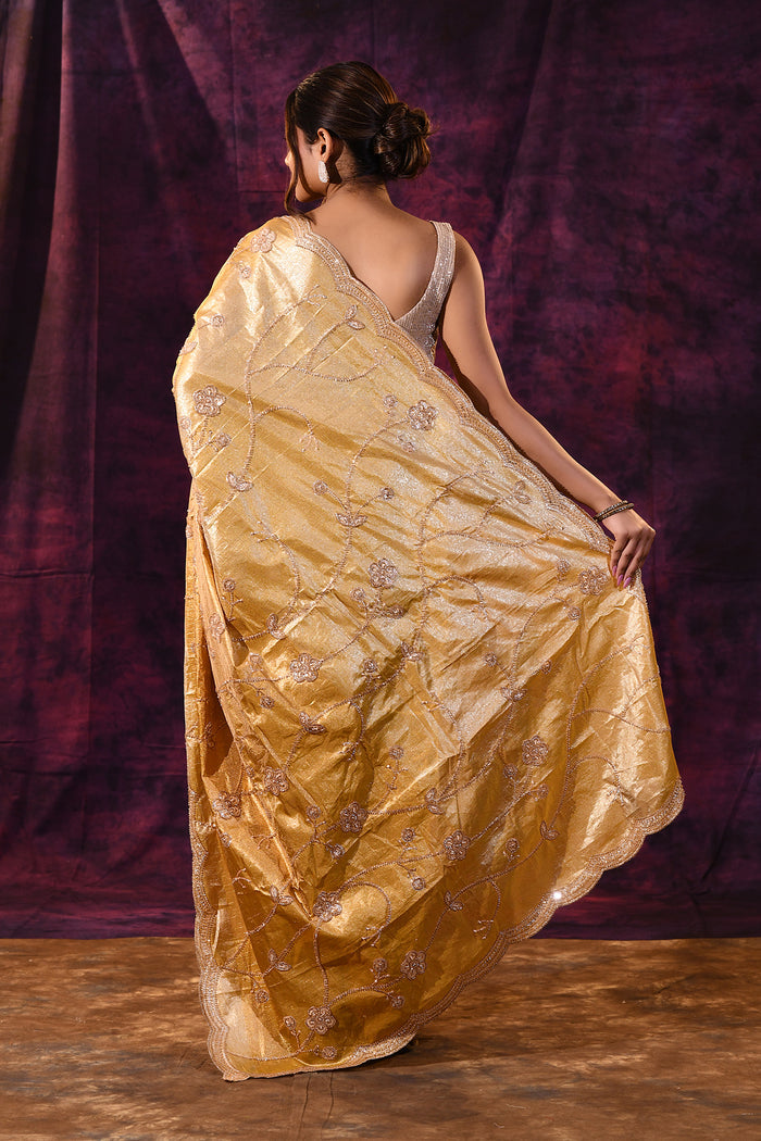Mustard Gold Saree With Criss-Cross Floral Lattice Embroidery And Wide Scalloped Border