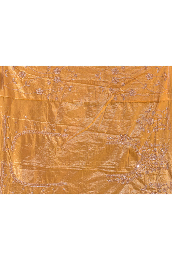 Mustard Gold Saree With Criss-Cross Floral Lattice Embroidery And Wide Scalloped Border