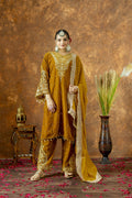 Mustard Gold Velvet Embroidered Kurti Set
