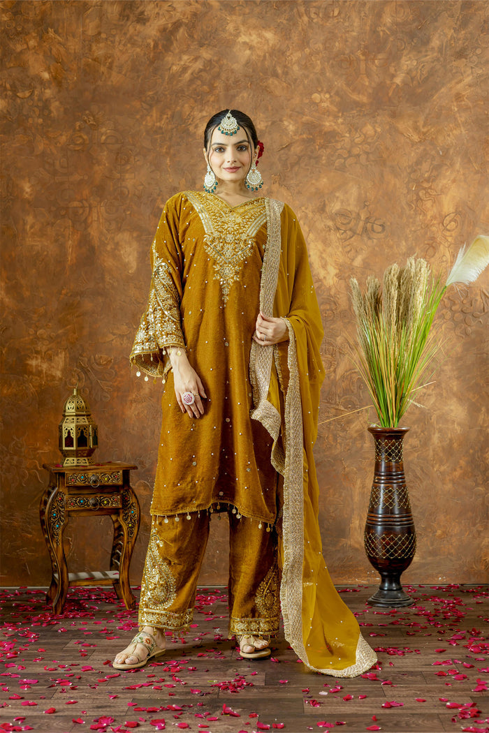 Mustard Gold Velvet Embroidered Kurti Set