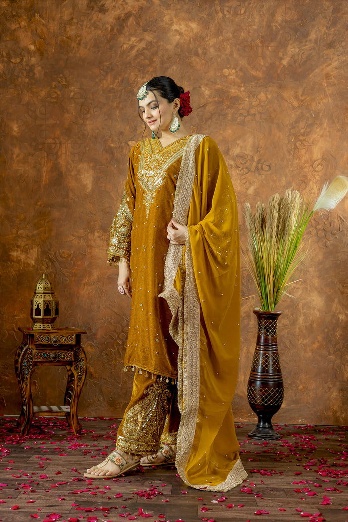 Mustard Gold Velvet Embroidered Kurti Set