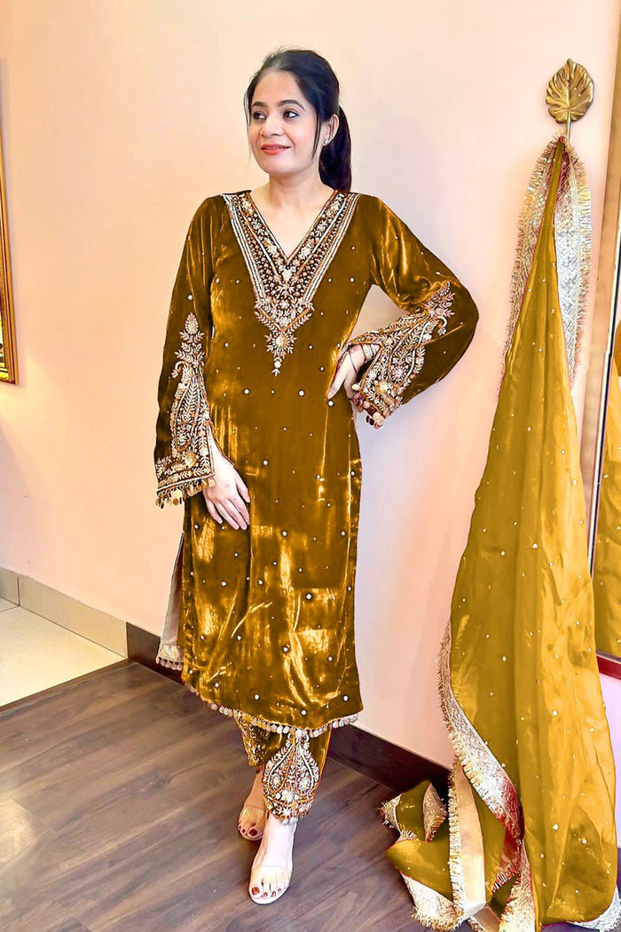 Mustard Gold Velvet Embroidered Kurti Set