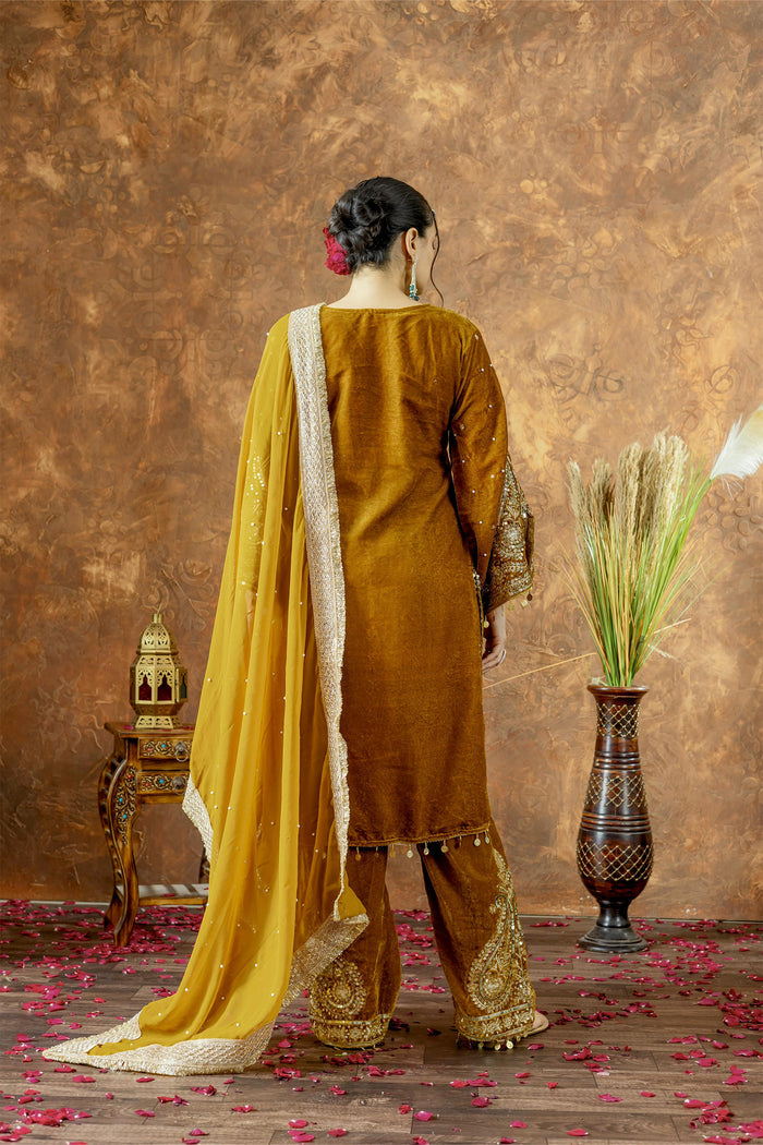Mustard Gold Velvet Embroidered Kurti Set