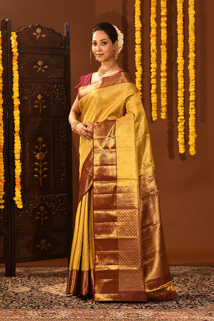 Mustard Gold With Contrast Maroon Zari Border Kanjivaram Silk Saree