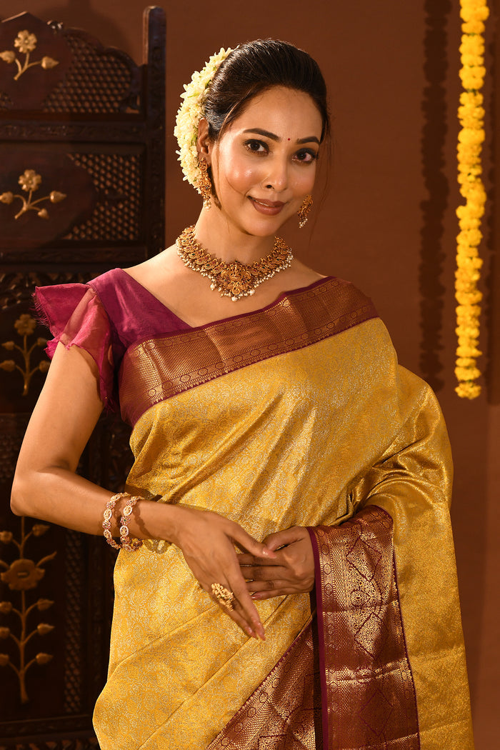 Mustard Gold With Contrast Maroon Zari Border Kanjivaram Silk Saree