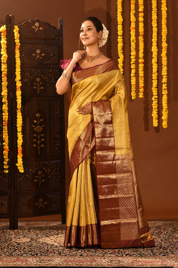 Mustard Gold With Contrast Maroon Zari Border Kanjivaram Silk Saree