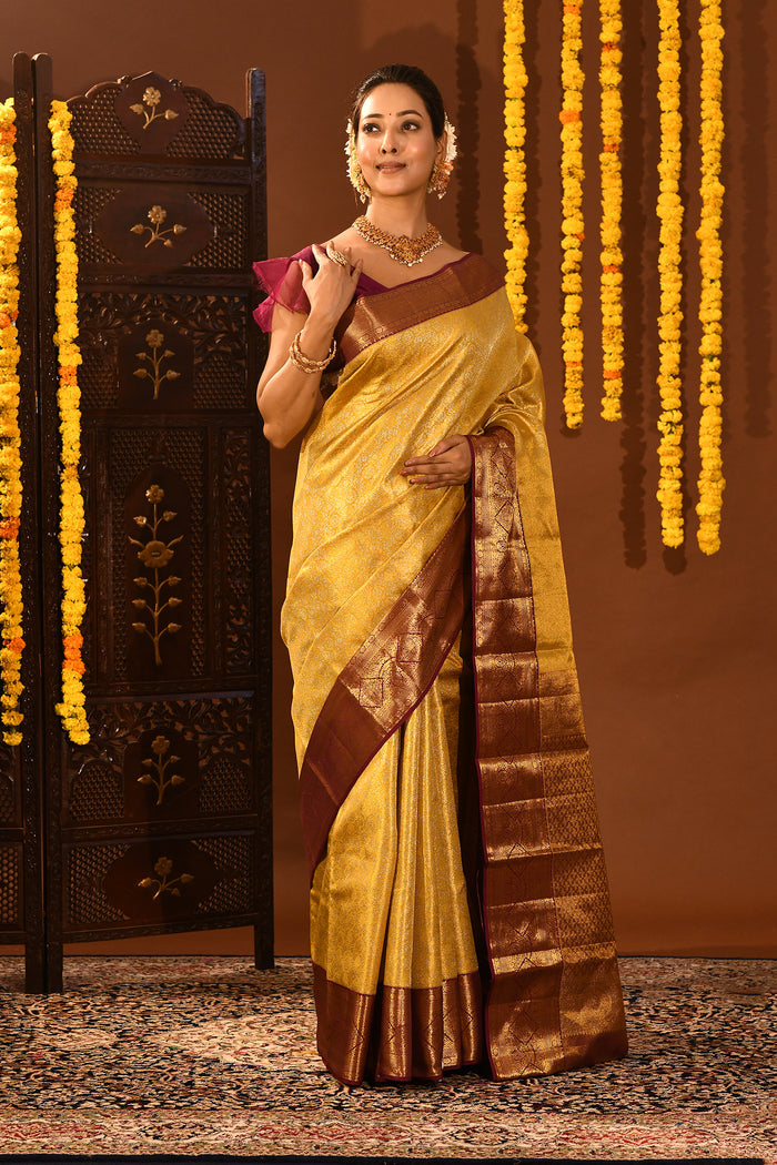 Mustard Gold With Contrast Maroon Zari Border Kanjivaram Silk Saree