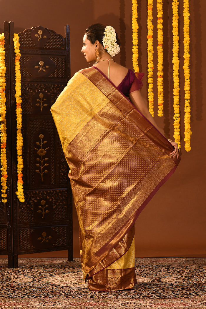 Mustard Gold With Contrast Maroon Zari Border Kanjivaram Silk Saree
