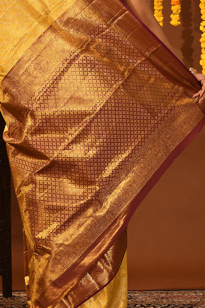 Mustard Gold With Contrast Maroon Zari Border Kanjivaram Silk Saree
