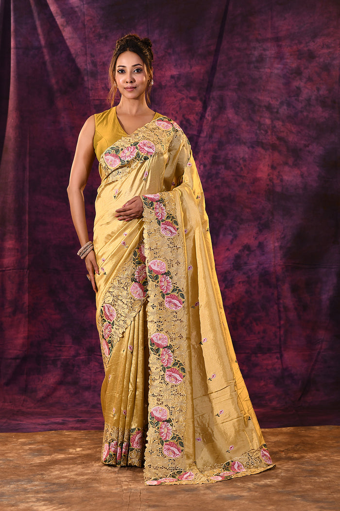 Mustard Gold With Cutwork Lace Border And Rose Embroidery Satin Saree