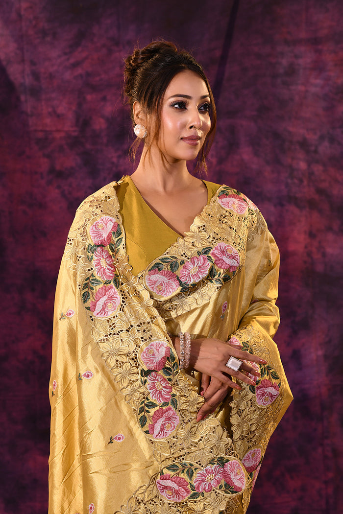 Mustard Gold With Cutwork Lace Border And Rose Embroidery Satin Saree