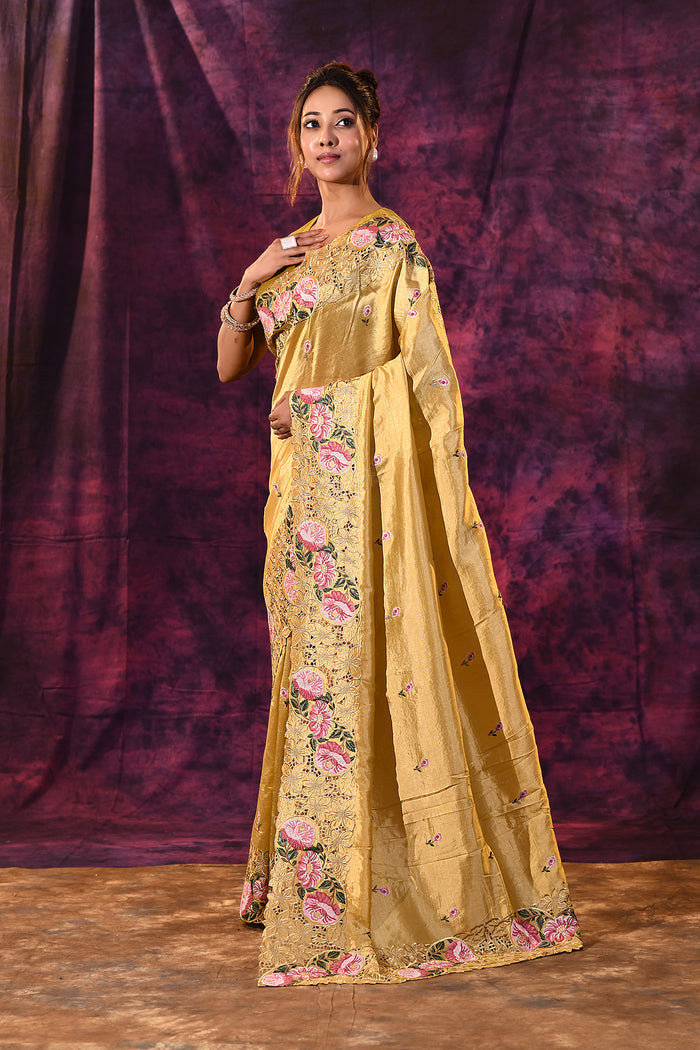Mustard Gold With Cutwork Lace Border And Rose Embroidery Satin Saree