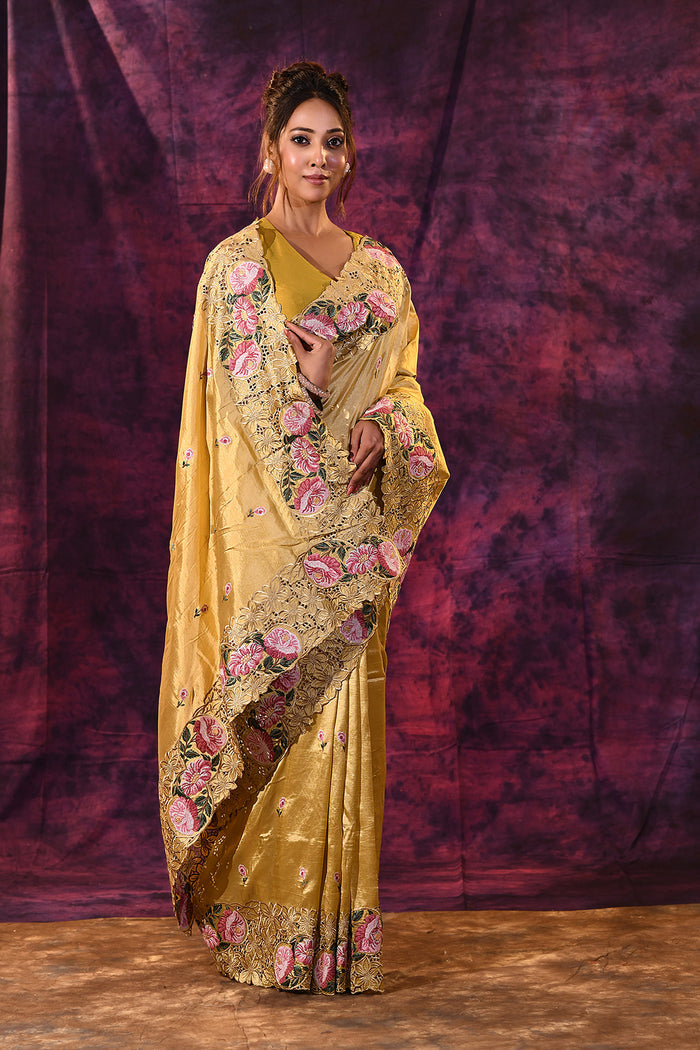 Mustard Gold With Cutwork Lace Border And Rose Embroidery Satin Saree