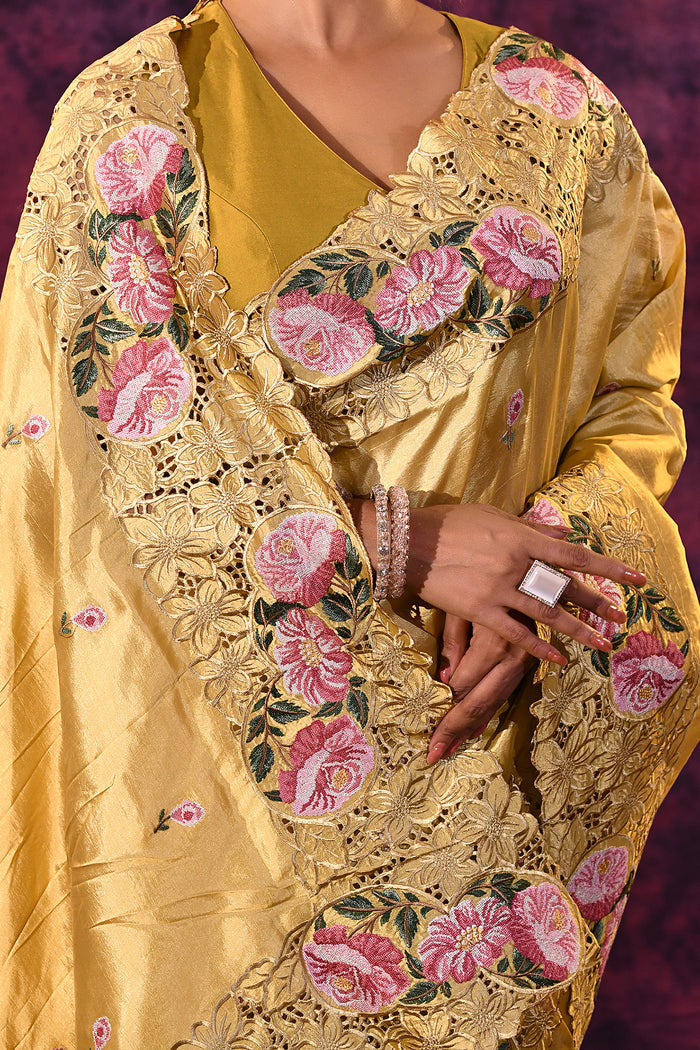 Mustard Gold With Cutwork Lace Border And Rose Embroidery Satin Saree
