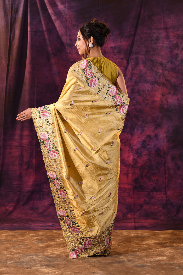 Mustard Gold With Cutwork Lace Border And Rose Embroidery Satin Saree
