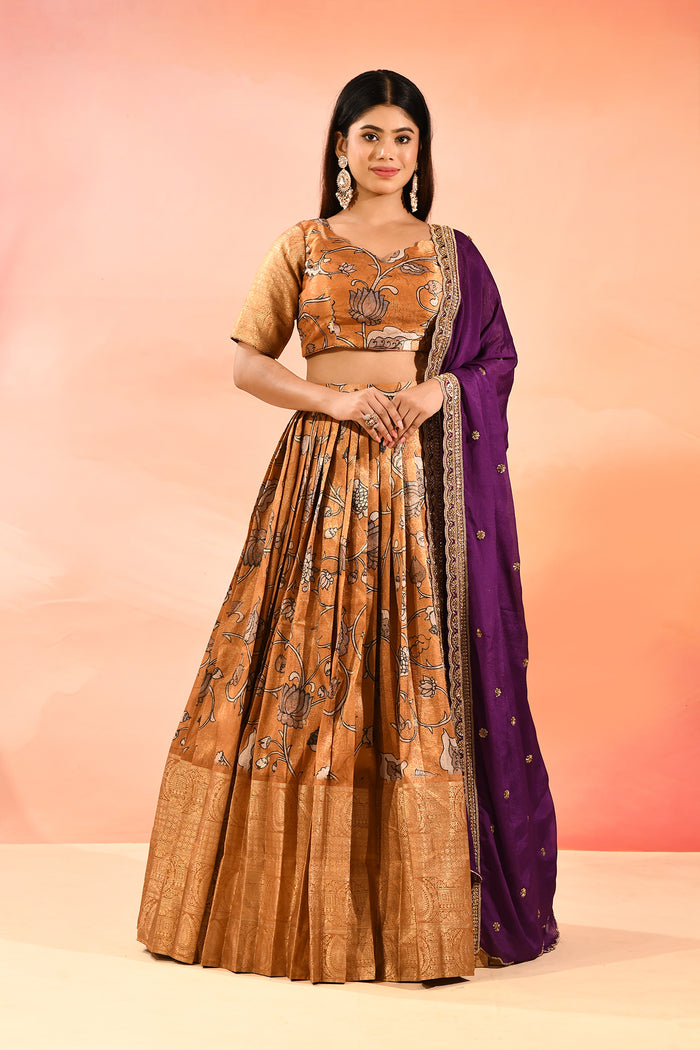 Mustard Gold With Purple Dupatta Banarasi Silk Lehenga